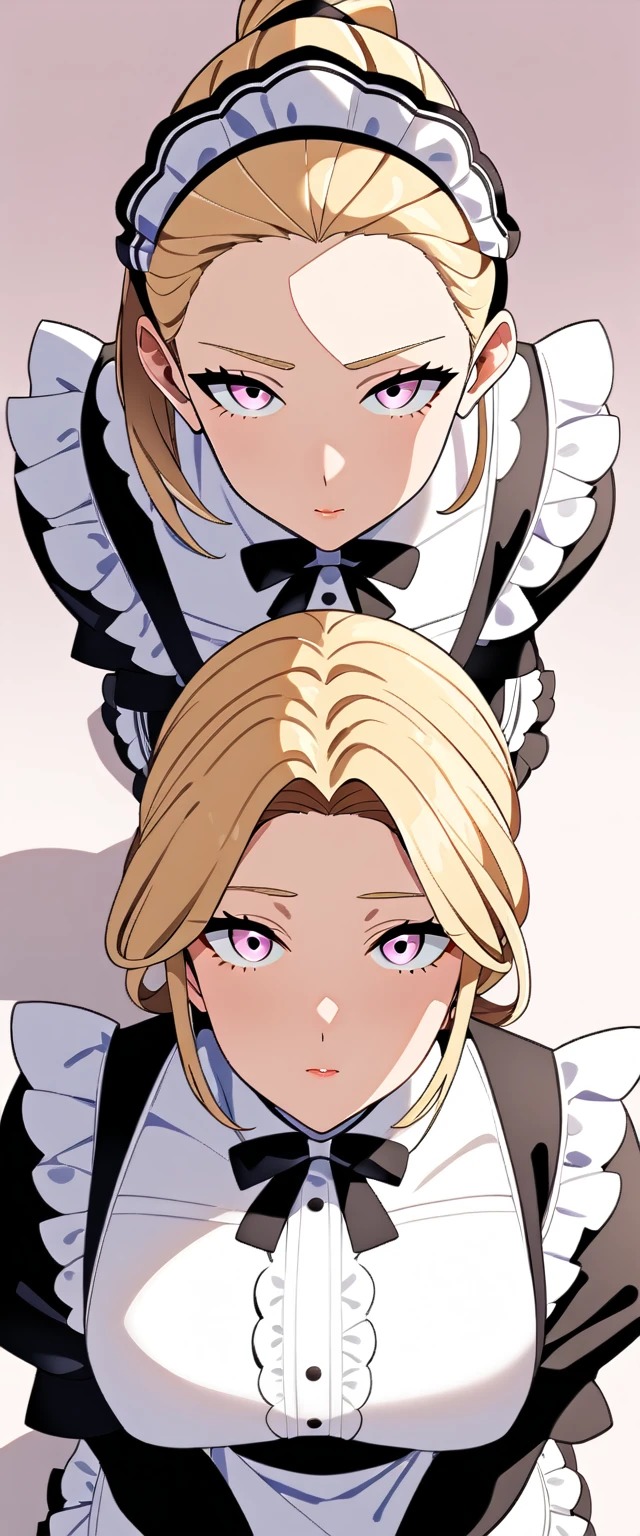 {masterpiece Very detailed 超High resolution High resolution 最high quality Very detailedな detailed woman high quality 8k}sexy whole body looking at viewer Looking up at me Blowjob Subjective Blonde Hair ((Short Hair)) ((ponytail Hair tied up high)) Center part with bangs swept up forehead ((slicked back hair)) Forehead Big eyes ((Pink eyes)) ((Maid clothes))