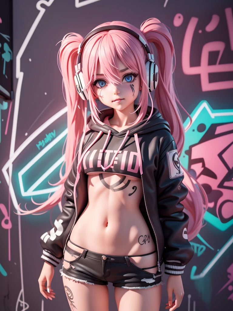 ((first work)), ((Better Quality)), ((Ultera - Details)),(alone),(whole body: 1.35),(Cowboy Shot),Long Shot,Full Shot,(Dynamic English),album,(error), (One girl: 1.3), Pink Hair, Long Hair, (alone: 1.2),,(Detailed and beautiful face: 1.2),(++++(Detailed and complex eyes)////),Center of chest,[[[logic]]],,(paint),((Disheveled Hair),Colored Hair,Striped Hair), ,paste,((holding gift)), night,(Neon Light),A light smile,Watching the audience, Poor handwriting, ((Graffiti Background)), (Dim Price), (Complex and messy fluorescent street graffiti (wall: 1.2)), Hip Hop Style, Rough hoodie, one piece,Deepening the contours, comics, Double exposure, (chromatic aberration), Light leakage, Noise and particles, Color Deterioration, design, Until then, Until then abstrata, geometry, Clear lines, square, bright, Limited edition palette,tattoo,tattoo,tattoo,,headphone,sunglasses
