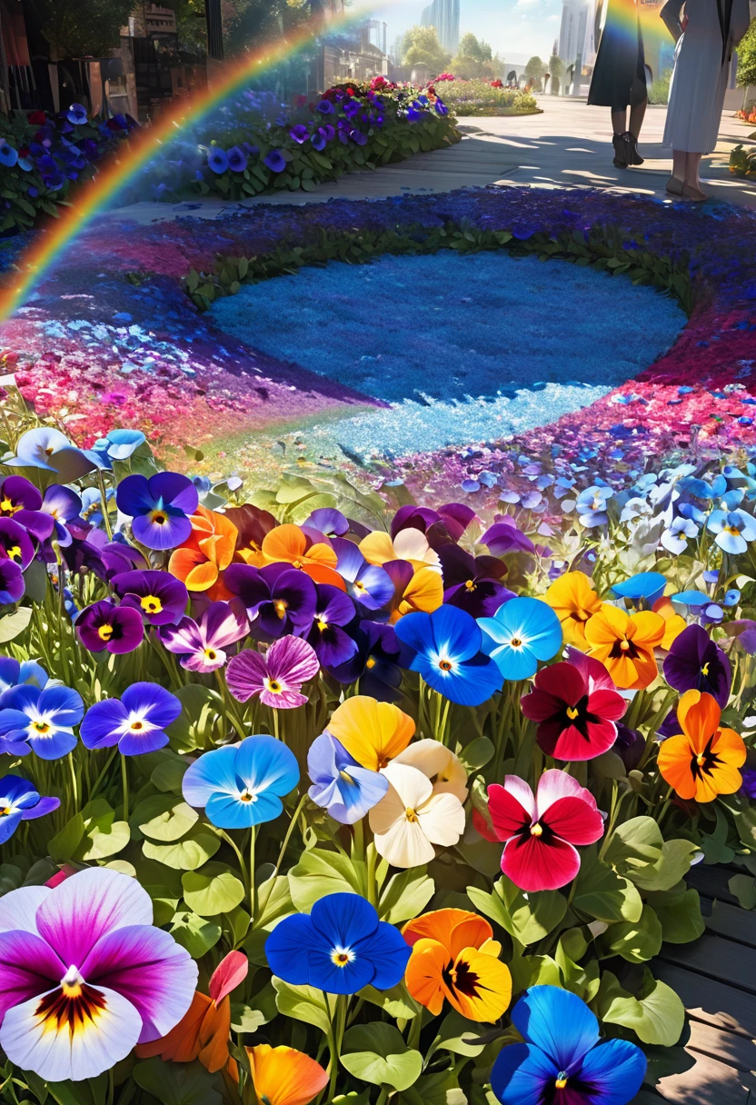 fusion of acrylic and collage paintings, high and fine artwork, nemophila, rainbow colored pansies, flower bed, shadows, contrast, conceptual installation art, (ultra detailed, absolutely resolution, best quality:1.3), 2.5D, delicate and dynamic effects, iridescent effects, artistic photography, hyper realistic, graphic CG digital art