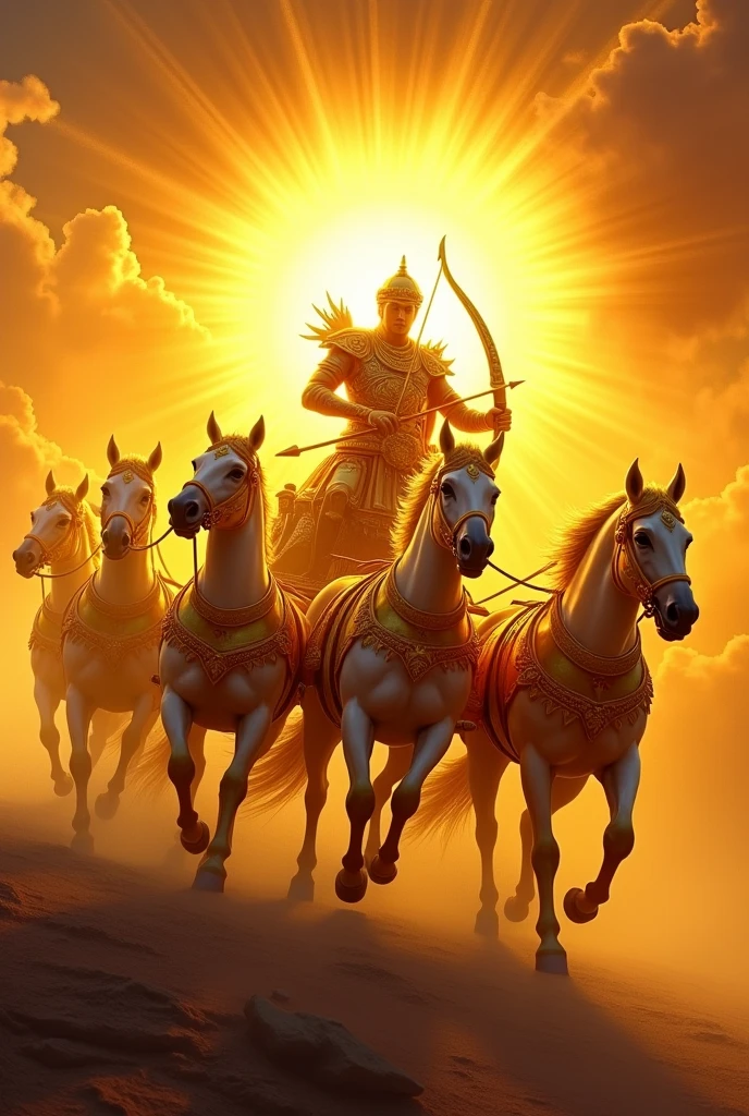 Charioteer of the Sun: "A charioteer warrior, inspired by the Sun God Surya, riding a radiant golden chariot pulled by seven divine horses. The warrior's armor is shining gold, with a helmet that resembles the sun's rays. He holds a bow and arrow, each arrow glowing with the power of the sun, ready to strike down evil. The background is a vibrant sunrise, with the sun's light breaking through the darkness, symbolizing the triumph of light over shadow."