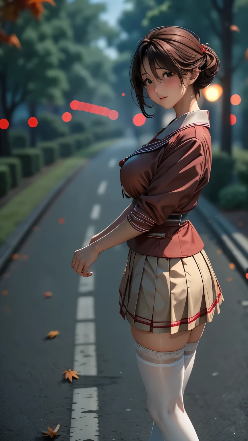 Masterpiece、Ultra-high quality photo、8k、5、Beautiful mature woman、Uniform Cosplay、Red cheeks、Light Brown Hair、Flared mini skirt、Over the knee stockings、loafers、Sidewalk、autumn、Walking、Plump body、Picking Up Girls、Embarrassed face、The wind flips up my skirt、White panties