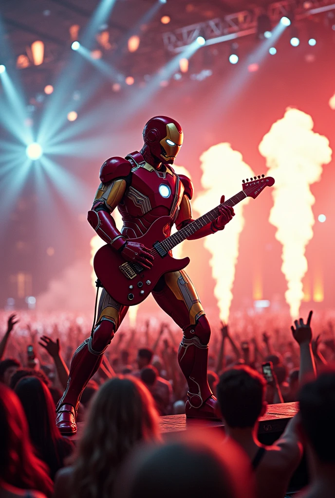 (masterpiece: 1.3), (8K, Photorealistic, Raw Photo, Best Quality: 1.4), Wide-angle shot of Iron Man in his full armor, standing on a high-tech stage with pyrotechnics and flashing lights, shredding an electric guitar at a rock concert. The camera slowly pans across the crowd of excited fans, capturing the dynamic atmosphere of the concert. Iron Man’s armor glows in sync with the pulsating lights, and the scene is bathed in vibrant, colorful lighting that enhances the electrifying energy of the performance.