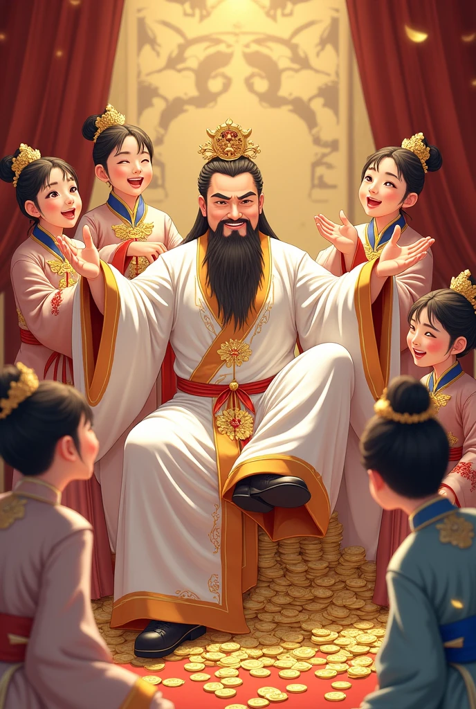 Chinese anime. A playful and cheerful young man with a stylish face., Wearing a white ancient Chinese costume with gold trim, resembling a deity. He is a wealthy and wealthy sect leader.. He sat with his legs raised on a tall pile of money and was surrounded by handsome young disciples. One disciple had a fierce face, the second disciple had an innocent face, the third disciple had a fearsome face, and the fourth disciple had a foolish face. They were all wearing beautiful and respectable Chinese clothes.