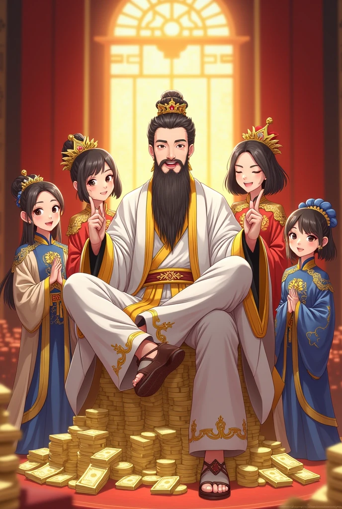 Chinese anime. A playful and cheerful young man with a stylish face., Wearing a white ancient Chinese costume with gold trim, resembling a deity. He is a wealthy and wealthy sect leader.. He sat with his legs raised on a tall pile of money and was surrounded by handsome young disciples. One disciple had a fierce face, the second disciple had an innocent face, the third disciple had a fearsome face, and the fourth disciple had a foolish face. They were all wearing beautiful and respectable Chinese clothes.