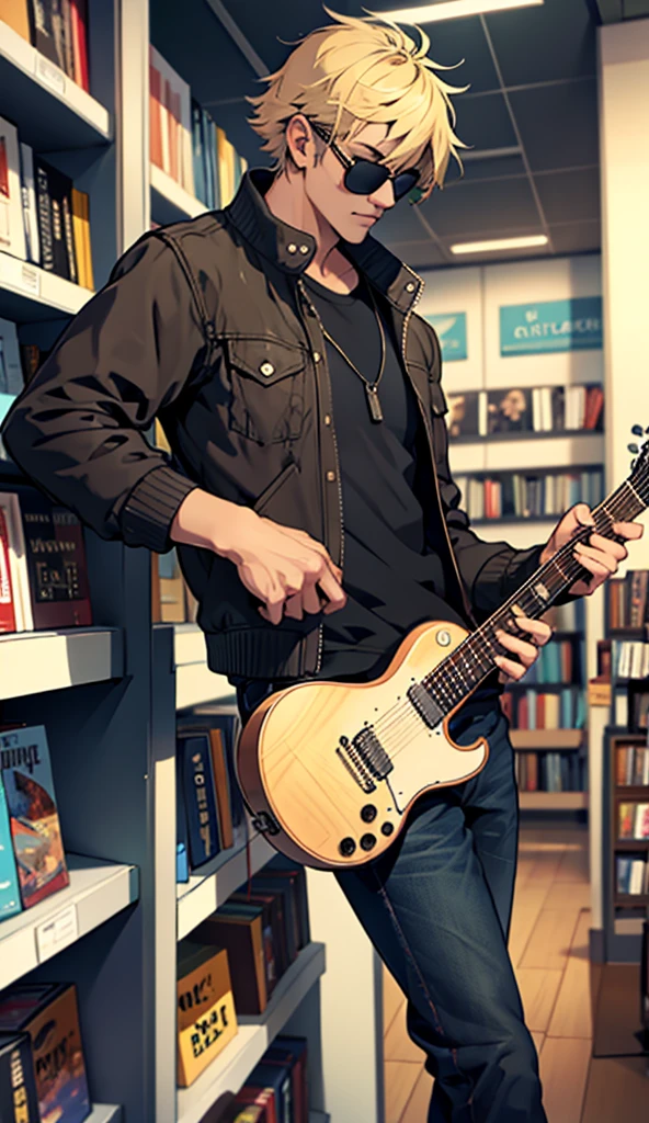Man playing guitar in a bookstore, wearing sunglasses, jaket, fully body
