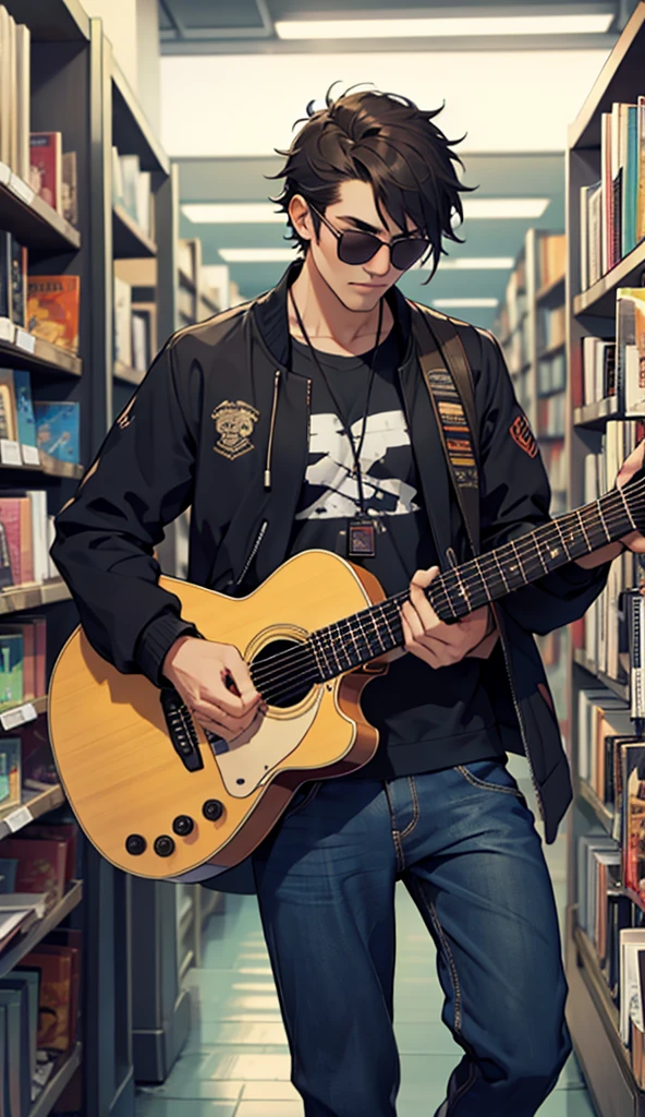 Man playing guitar in a bookstore, wearing sunglasses, jaket, fully body 