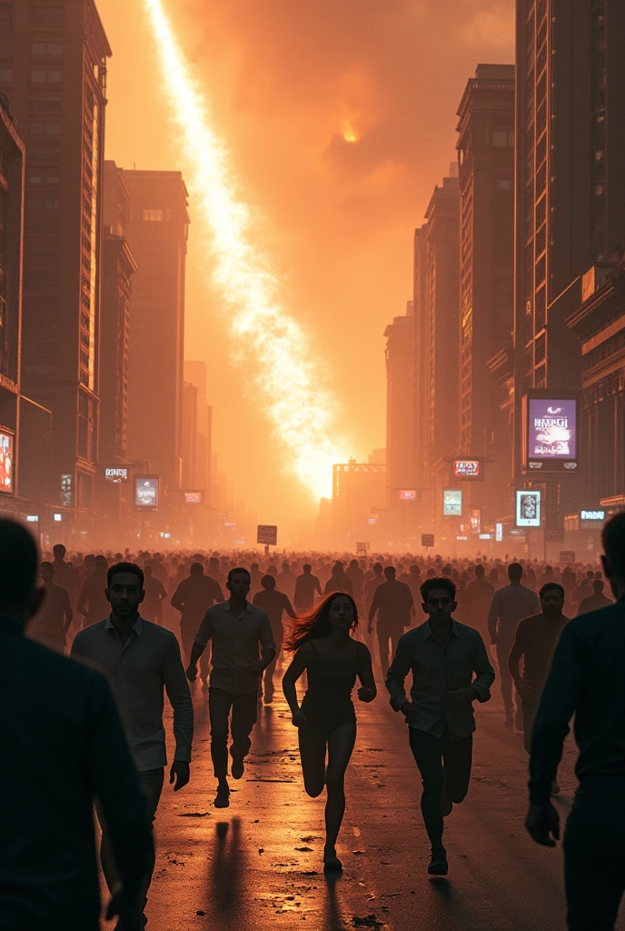 Photograph of people running away from a comet hitting a city