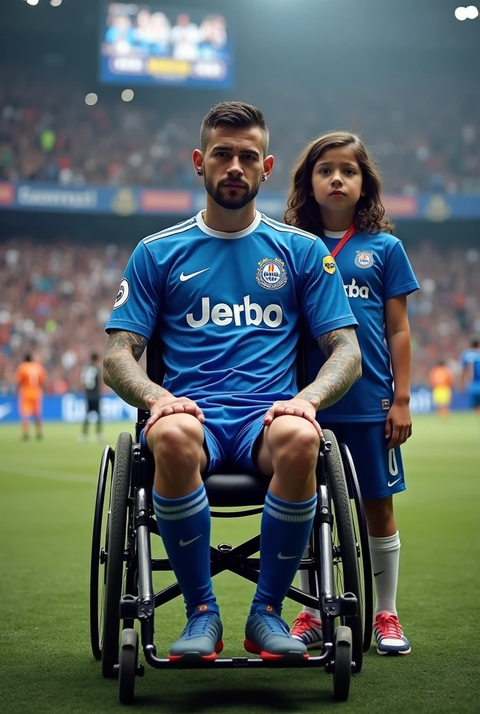 Javier, twenty-five years old, thin body, tattoo on his arms, black expanders or piercings in your earssitting in a wheelchair, disabled, soccer team fan with blue uniform, in the background a stadium with people holding his name on banners, while he is dressed with all the accessories of a soccer fan, next to him his daughter, Sara, who is , sad look because she knows that her father is going to die

Facing the camera from the front to tell his story, short hair, enlarged image, clear setting, no animation,