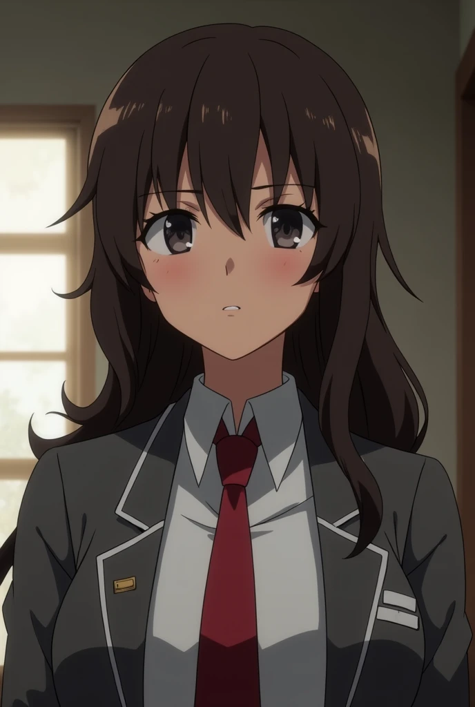 boku no hero screenshot, beautiful woman, dark brown skin tone, long wavy dark brown hair, round face shape,slanted eyes, dark eyes, relaxed expression on the face,uniform gray coat red tie, 