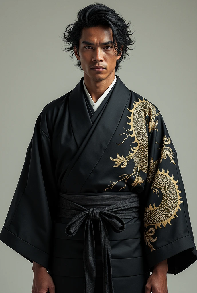 A man with darker skin, short straight hair, half curly,a black kimono with a raijü design