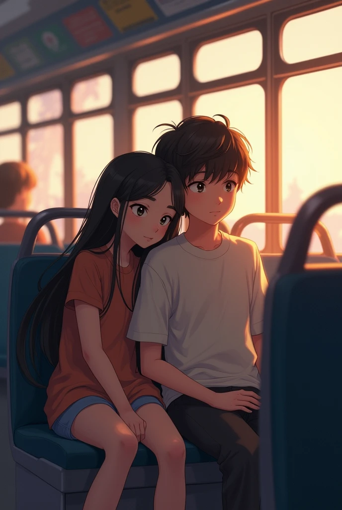Next to each other
A girl and boy sitting in bus
Girl leaning her head on boy shoulder