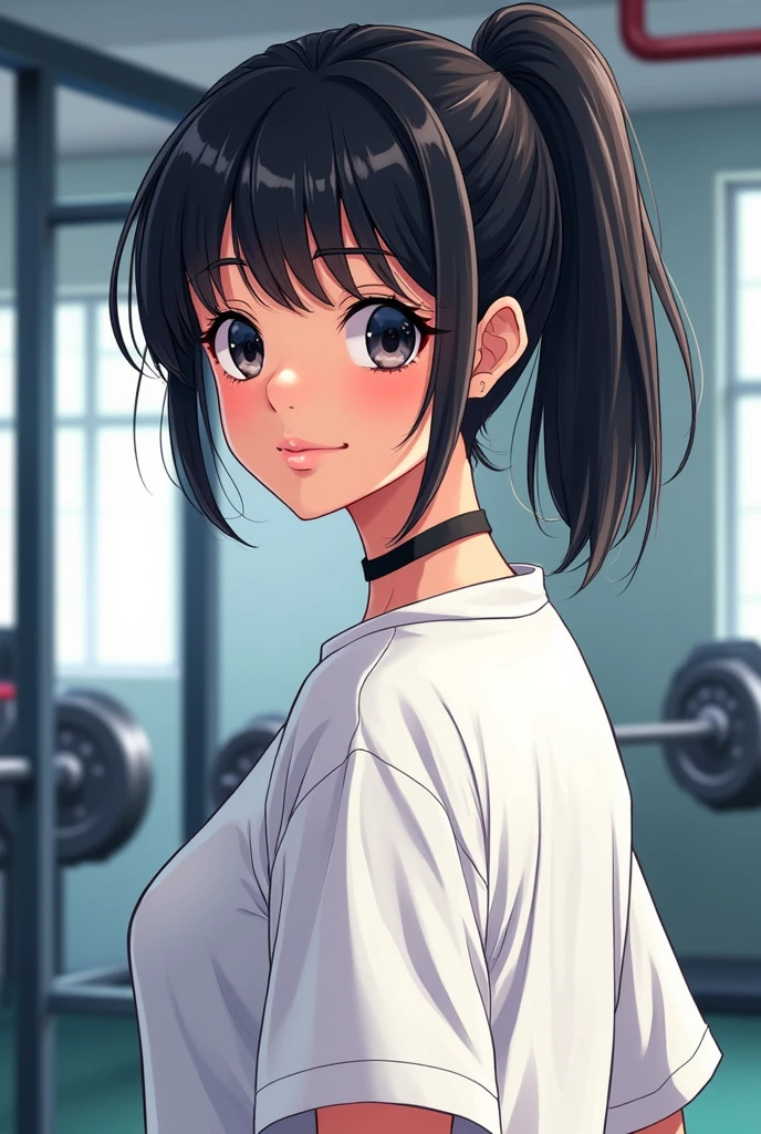 I am Peruvian with short black hair with bangs and big black eyes , make my anime And I always have my hair combed in a ponytail and I wear an oversized white t-shirt I want a gym background to put it in profile