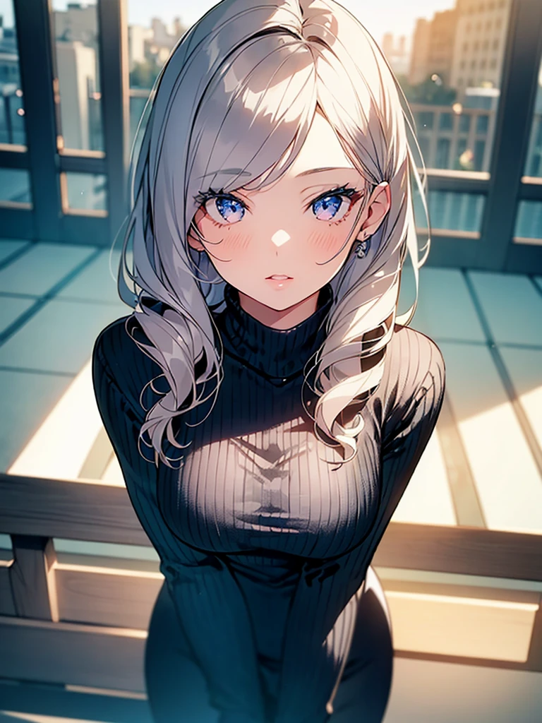 1girl, beautiful detailed eyes, beautiful detailed lips, extremely detailed face and body, long eyelashes, girl, beautiful breasts, sweater that kills virginity, leaning forward, ultra high quality, 16k, high detail, masterpiece, anime style