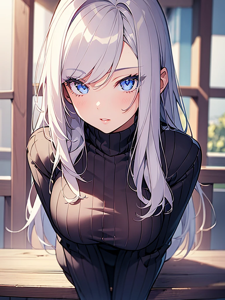 1girl, beautiful detailed eyes, beautiful detailed lips, extremely detailed face and body, long eyelashes, girl, beautiful breasts, sweater that kills virginity, leaning forward, ultra high quality, 16k, high detail, masterpiece, anime style