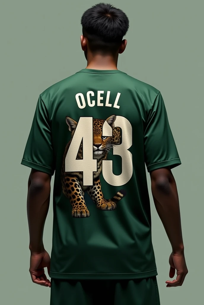 dark green shirt on the back with a realistic ocelot in the center and the number 43 on top in white,and at the top the player name