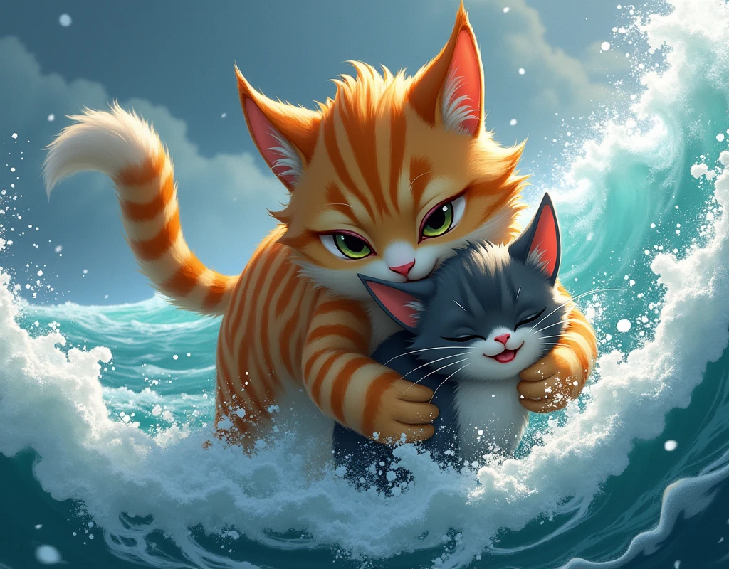 With one final push, Bella reached Luna and grabbed her gently by the scruff of the neck. Luna mewed softly, exhausted but reassured by her mother’s presence. The journey back to shore was tough; the waves seemed even more fierce as if trying to keep them from safety. Bella powered through, her strokes strong and steady, refusing to let the sea win.