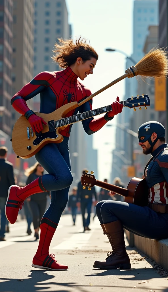 (Spider-Man big hair dance in pedestrian with a broom on his hands as like a guitar), and (Captain America sitting beside the road and playing accoustic guitar), hyperrealistic