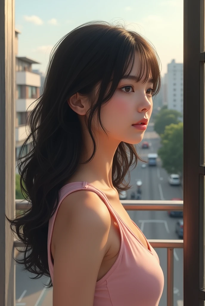 785400191 Real Women、Realistic、超Realistic、Ultra-realistic、A young woman is looking out from her balcony。She has long black hair、The hair is wavy。She was wearing a pale pink sleeveless top.、Her soft expression and slightly parted lips are characteristic。In the background you can see buildings and roads.、The sky is clear。Natural light gives the space a warm and soft feel.。
