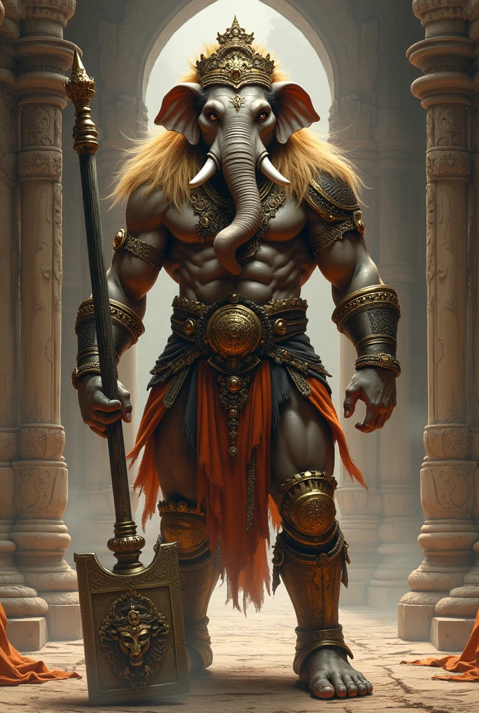 Elephant-Hearted Warrior: "A warrior inspired by Lord Narasimha, the elephant-headed avatar of Vishnu. His face is a blend of human and elephant features, with a mane of golden hair flowing around his face. His armor is crafted with the symbols of Vishnu, and he holds a massive mace, with the image of Narasimha engraved on it. The warrior stands in front of a temple entrance, roaring with righteous fury as he prepares to protect the innocent from evil."
