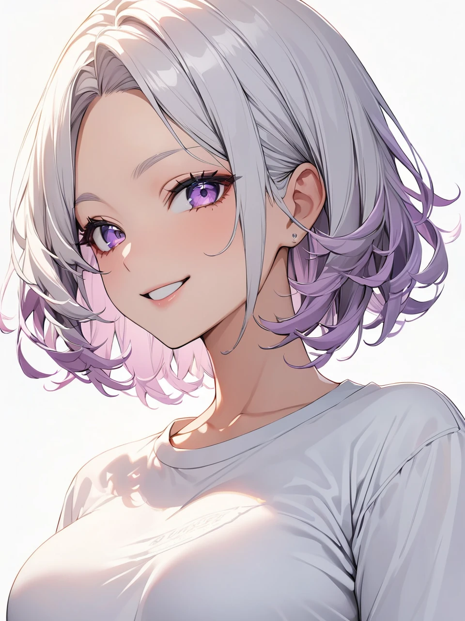 of the highest quality, of the highest quality, 16k, incredibly absurd, Very detailed, 2.5D, delicate and dynamic,women,22 years,big chest,elegance,shiny hair,smile,beautiful, short hair, for white,purple eyes,high,great,White background,Front view,T-shirt blanca,T-shirt,T-shirt blanca 