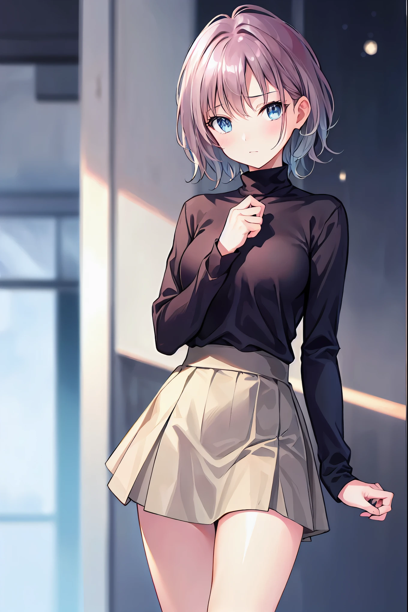 Brown Hair，Shortcuts，Messy Hair，Slender beauty，A dignified posture，Small chest，Beautiful feet、Her captivating grey-blue eyes shine like stars､Random pose、Highest quality、Ultra-high resolution、(Photorealistic:1.5)、1 girl、Thick turtleneck sweater、Tight Skirt､ryokan、View your viewers、Close-up、Whole Body Ezbian、Bad Eyes、Embarrassed face