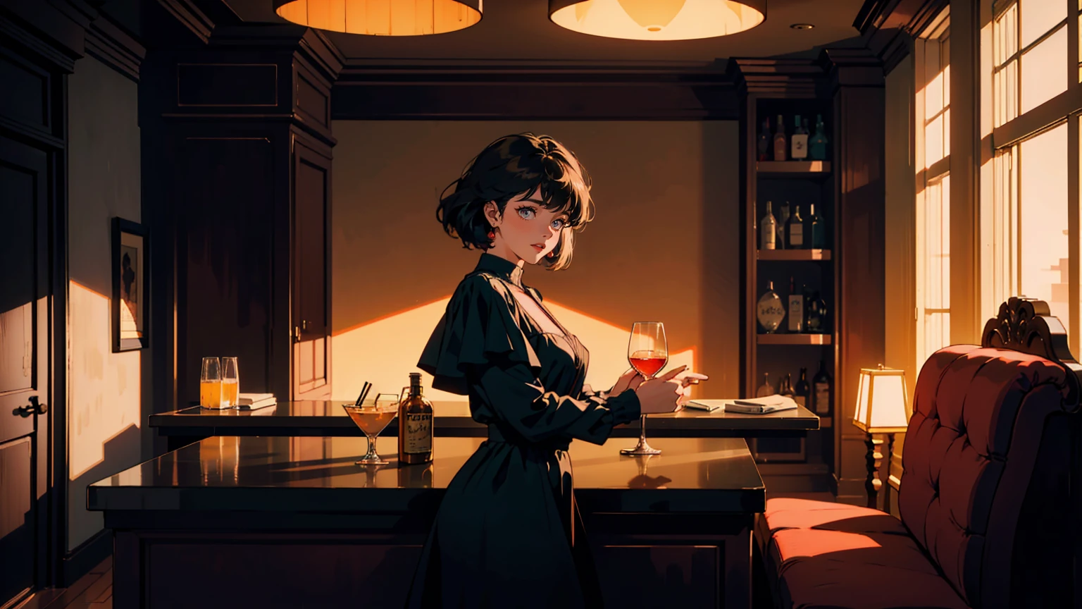 Classic bar counter in a luxury hotel,Cocktail,A dress with atmosphere, Adult woman sitting on a high stool , smile, (Backlight: 1.1), A scene from a movie, Soft Shadows, masterpiece, Highest quality, Complex, Model shooting style, Film Grain, Wide Shot、Red lipstick、Blue tones