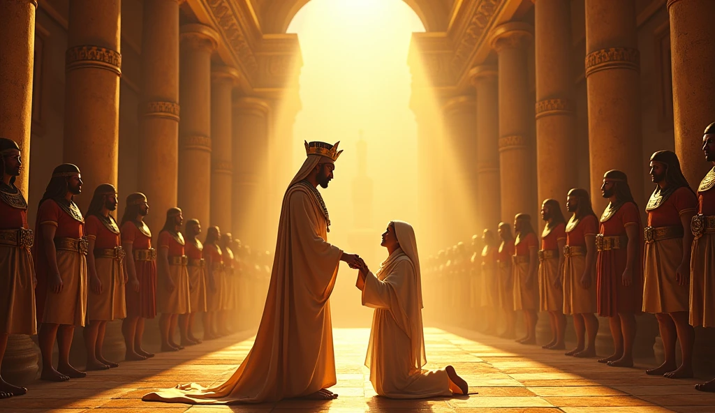 Pharaoh blessing Abraham and Sarah, surrounded by guards and nobles, illuminated by rays of sunlight symbolizing protection and blessing