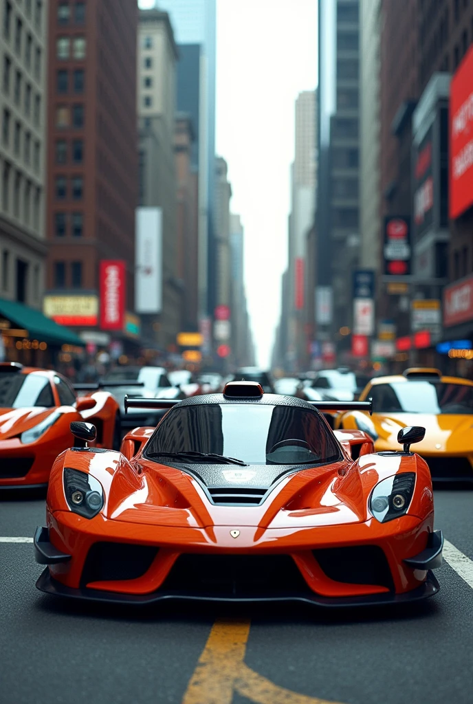 4 hyper car and 1 wierd car are parked in the middle of a newyork
