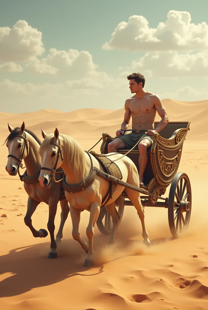 A young skinny prince white skin beautiful face handsome shirtless in a small Roman carriage with 4 horses in the desert 