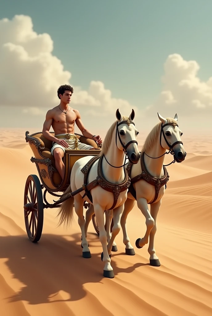 A young skinny prince white skin beautiful face handsome shirtless in a small Roman carriage with 4 horses in the desert 