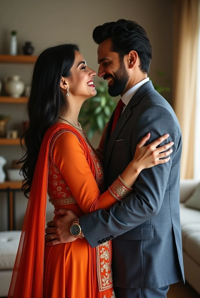 Pakistani husband and wife, side hugging each other, smiling and laughing, girl wearing pakistani dress, man wearing suit, picture taken by iphone 15 pro max in the living room, girl has extremely pale skin tone and has a well groomed beard and stylish hairstyle