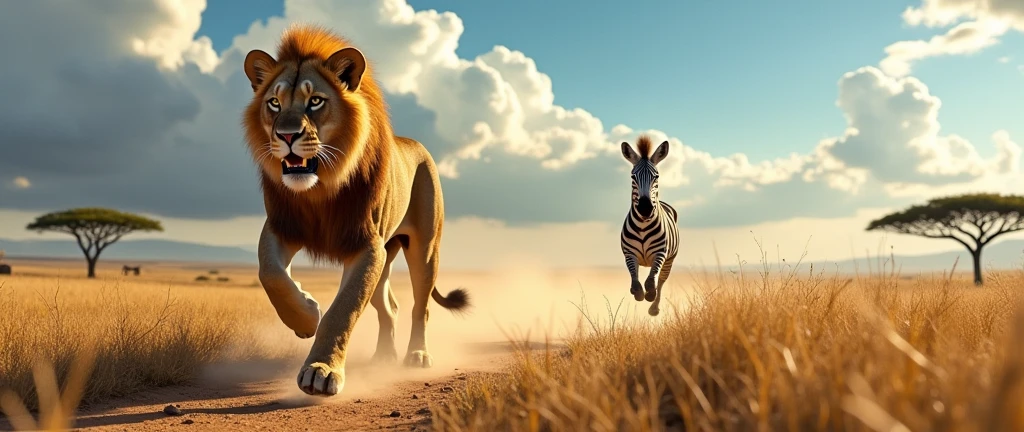 Lioness chasing a zebra in african savannaj