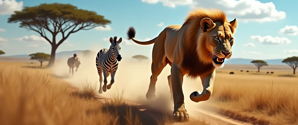 Lioness chasing a zebra in african savannaj