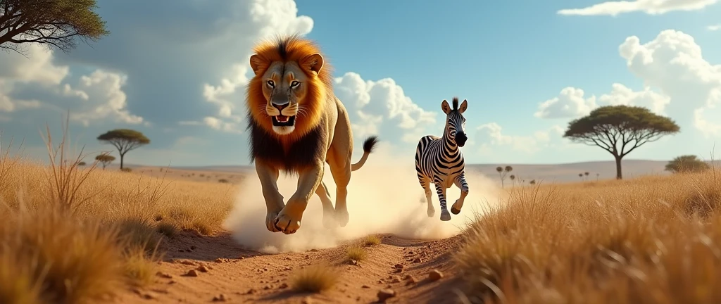Lioness chasing a zebra in african savannaj