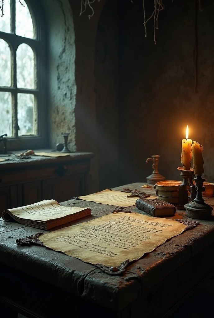 Old history of the house - view of old deeds or documents.3d horror night theme
