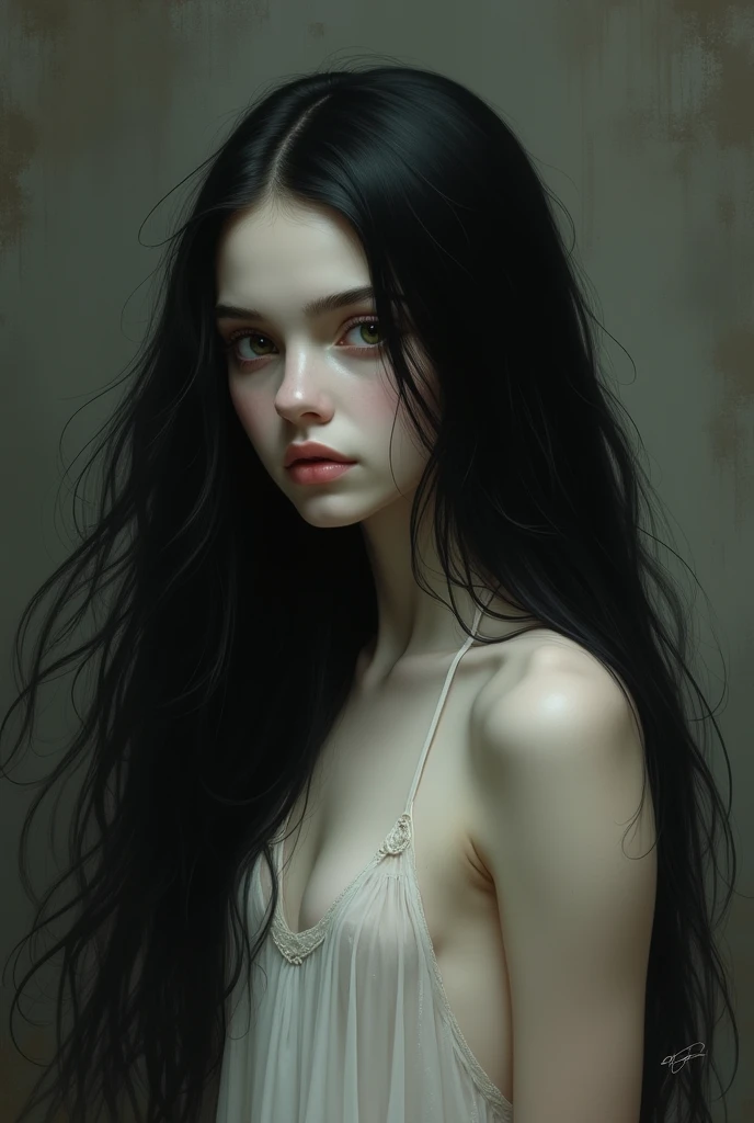 A young girl with long black hair without any clothes