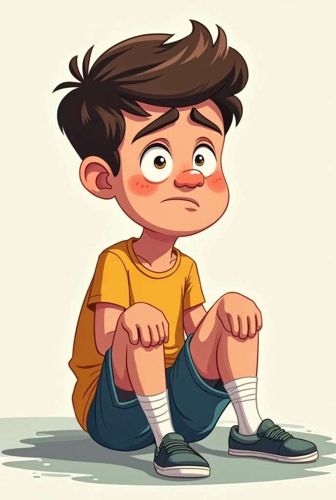 Cartoon of a sad teenage male with a broken knee 