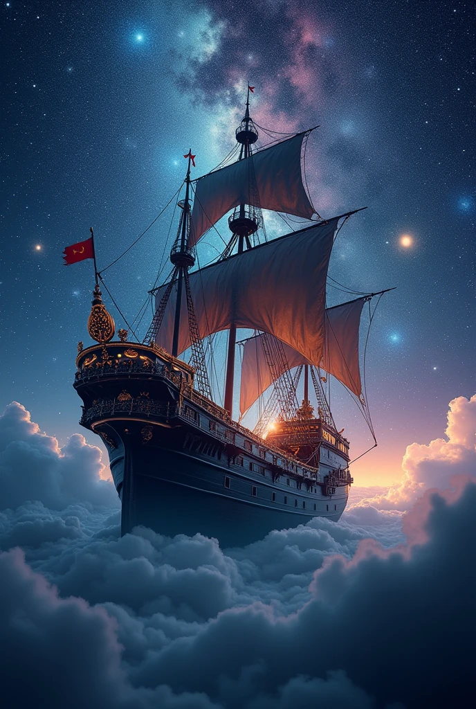 realistic photo of Portuguese black ship floating in the middle of the sky full of stars, heavenly, sky of colorful stars, fantasy theme, cinematic lighting, live lighting