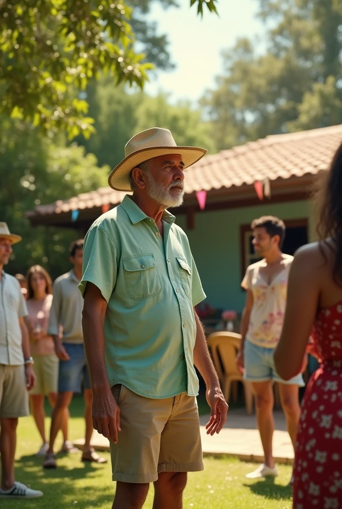 create a realistic image of a movie scene. A 60-year-old Mexican man is telling his friends that he is going to retire. It's your house's birthday, at a day party in open call. He wears shorts, pastel green shirt and Panama hat. His wife was by his side.