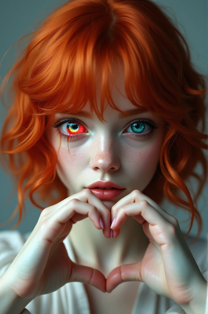  redhead with blue right eye and red left eye making a little heart with white hair and red eyes 