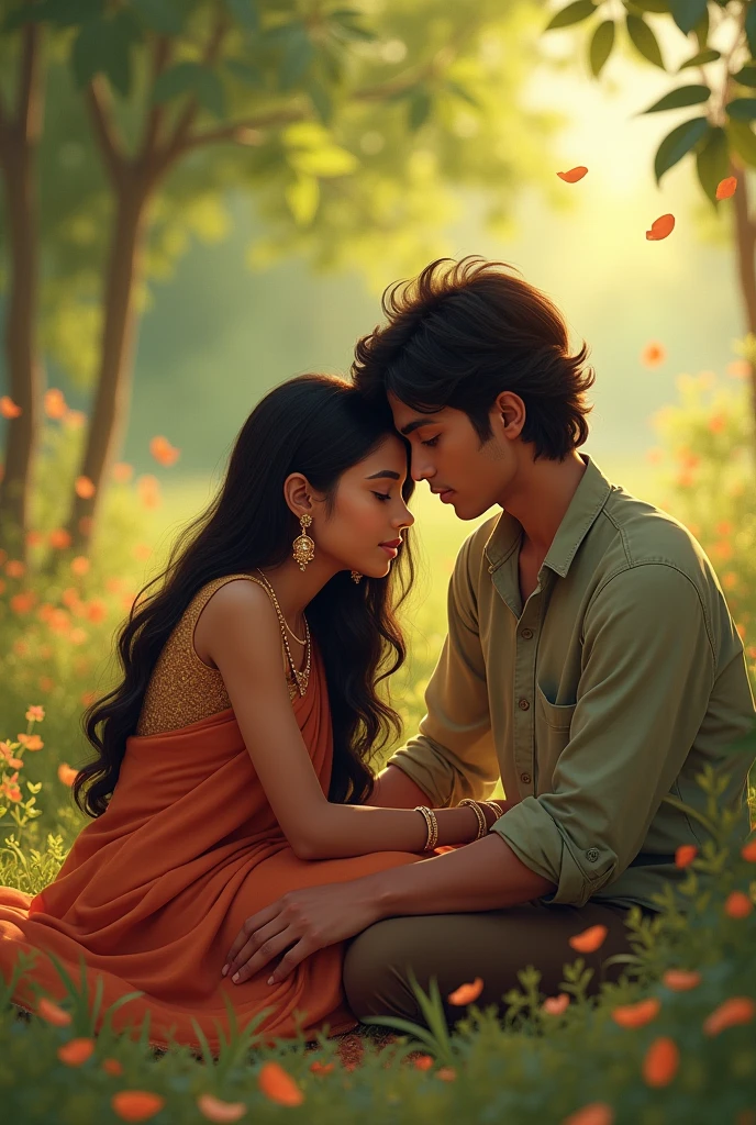 A beautiful Indian girl lies with her head on her boyfriend's lap in a beautiful setting