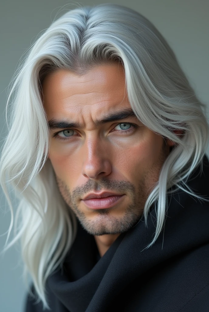 Handsome man,Silver hair,Skin as white as milk,Long hair