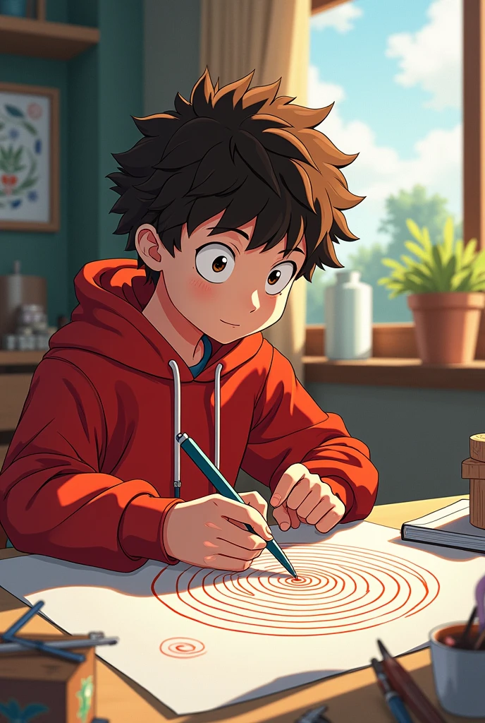 scene: Inspired by the words of Vitruvius, Leonardo a brown-haired boy with a red sweatshirt, begins to experiment with geometry in his own art. In the cartoon, Leonardo is seen drawing spirals and using the compass to create proportions., All this with a boku no hero academia style