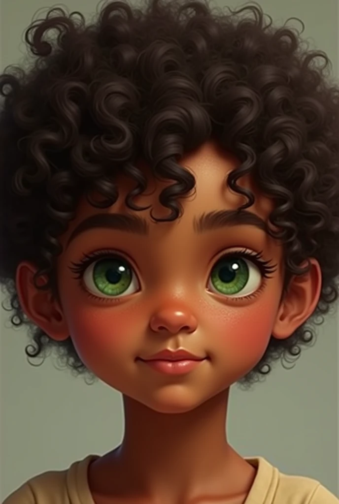 curly hair, brown skin and green eyes
