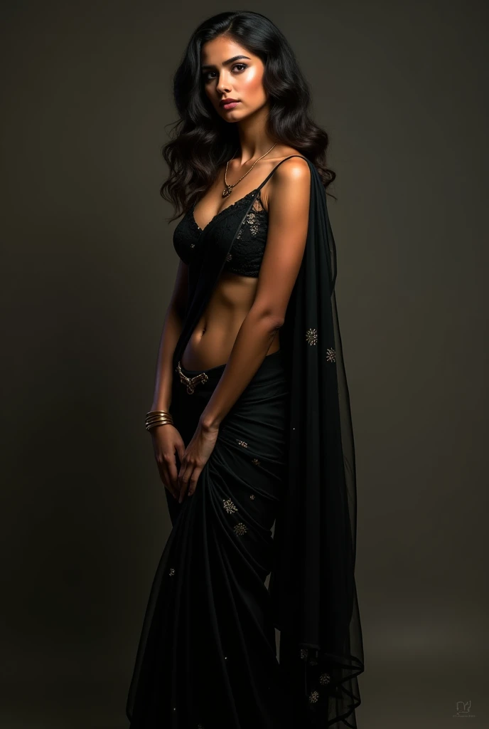 A full view of a hot lady in deep cleavage low waist black saree with visible navel.