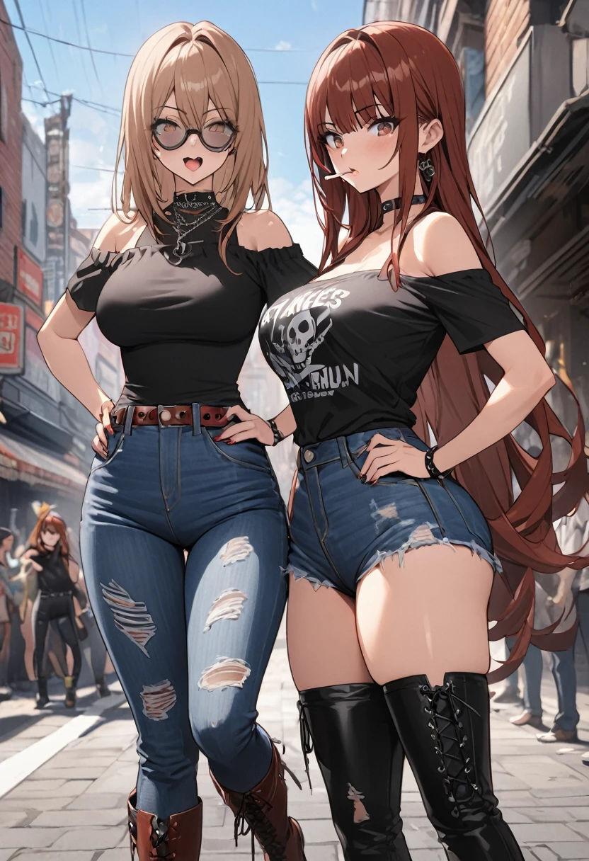 Ultra-high definition image quality、beautiful girl、Yankee Girl、Reddish brown hair、Disheveled long hair、Gal、Busy Street、Off-the-shoulder T-shirt、Distressed denim、Tight low rise denim、Highest quality, Big Ass、Thighs、Big Breasts、High cut boots、Glare、Put your hands on your hips、intimidating face、Put a cigarette in your mouth、Cigarette smoke、Punk Fashion、Yankee sitting
