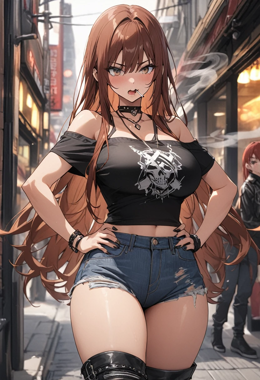 Ultra-high definition image quality、beautiful girl、Yankee girl、Reddish brown hair、Messy long hair、Gal、bustling street、Off-the-shoulder T-shirt、Distressed denim、Tight low rise denim、Highest quality, Big Ass、Thighs、Big Boobs、High cut boots、Glare、Place hands on hips、intimidating face、Hold a cigarette in your mouth、Smoke from cigarettes、Punk Fashion
