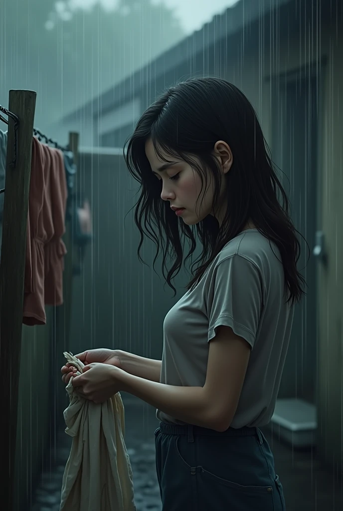 outof the full house girl face sadness washing the cloths at athe time hevy rain coming
