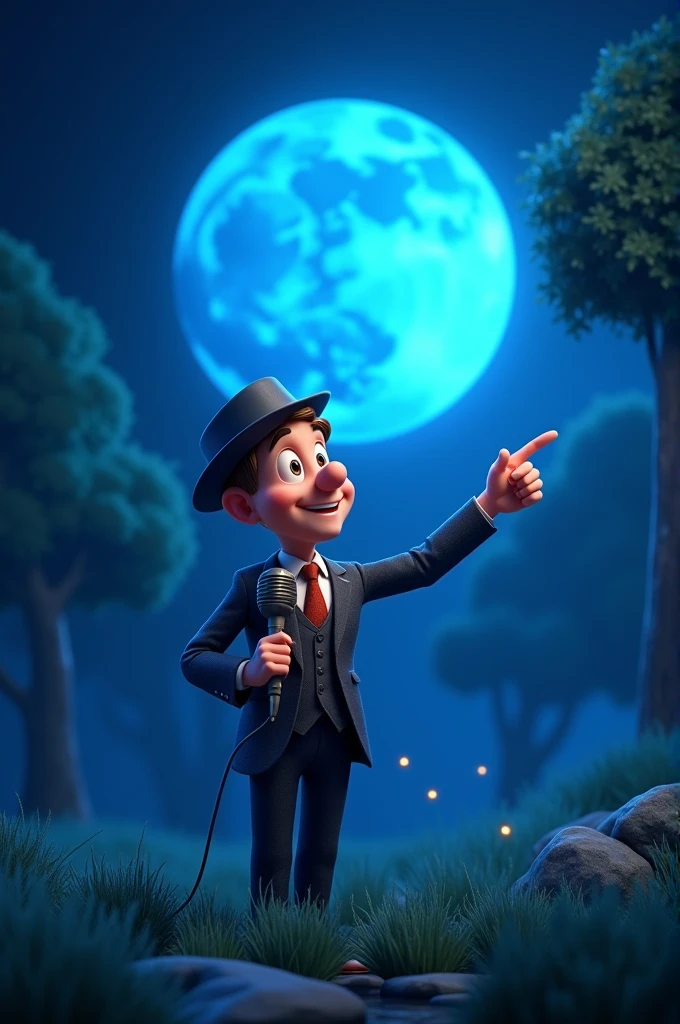 Create a 3D Disney style cover image, with a reporter's microphone in his hand and the other hand pointing to the full moon, the moon is blue, he is in a place that has grass and trees, as if it were a park. It's all dark, There are no clouds or stars.