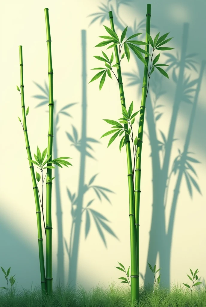 Screen Subject：Several very thin bamboos growing against the wall，The sun shines，The wall shows the dynamic shadow of bamboo swaying in the wind。
 
Graphic style：Fresh natural breeze，Highlight the slenderness of bamboo and the liveliness of light and shadow。
 
Color matching：Bamboo is fresh emerald green，The wall is shallow，The shadow is a darker grey-green。
 
Light and shadow effects：Bright sunlight shines from the front and side，Clearly display the texture of bamboo and the rich bamboo shadows on the wall，The light and shadows change with the breeze。